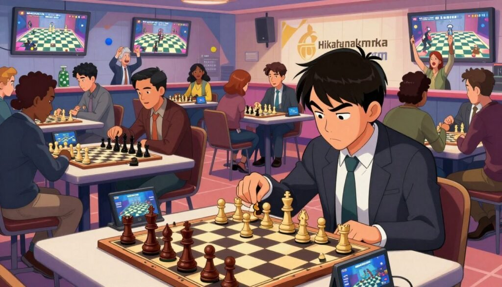 A dynamic chess scene capturing the essence of the "Hikaru Nakamura Chess Boom". In the foreground, a focused young Asian man in professional attire is intensely studying a chessboard, with pieces arranged in a complex mid-game scenario. In the middle ground, a diverse group of players – men and women of various ages and ethnic backgrounds – are engaged in enthusiastic matches, surrounded by vibrant chess-themed decorations and displays of digital devices showcasing chess streams. The background features a lively urban environment, with large screens broadcasting chess matches and an audience cheering on, reflecting the digital transformation of chess. The lighting is bright and inviting, capturing the excitement and energy of this chess revolution. The atmosphere is filled with camaraderie and passion, embodying the spirit of Chess Lovers USA.
