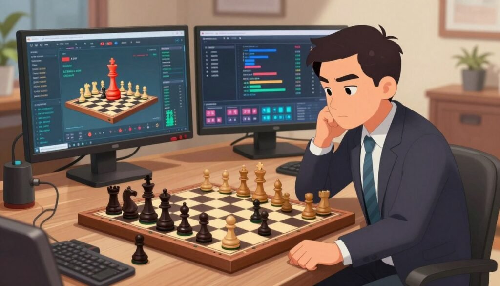 A dynamic chess scene depicting a professional player engaging with the strategy of chess while surrounded by modern content creation tools. In the foreground, a focused individual in professional business attire leans over a chessboard, deep in thought. The middle ground features digital screens showing live streaming stats and chess metrics, while vibrant chess pieces are in mid-play, symbolizing competition. The background reveals a cozy studio setting with warm lighting, emphasizing a blend of professionalism and creativity. The overall atmosphere conveys a sense of balance between traditional chess expertise and contemporary content creation, underlining the impact of Chess Lovers USA on making chess mainstream. Capture this moment from a slightly elevated angle to emphasize the chessboard and the player’s engagement.