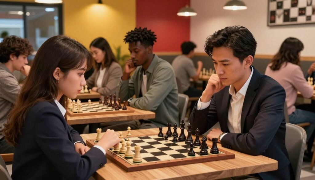 A dynamic chess scene illustrating the "queen's gambit effect," featuring a diverse group of focused players in a stylish, modern café setting. In the foreground, a young woman with a determined expression examines a chessboard with intricate pieces. She wears professional business attire, embodying confidence and intellect. In the middle ground, another player, a middle-aged man in smart casual wear, contemplates his next move, the chess pieces casting shadows on the table. The background reveals a vibrant, energetic atmosphere with other patrons engaged in the game, illuminated by warm, ambient lighting. Subtle hints of chess-themed décor decorate the vibrant walls. This captivating scene embodies the revitalized interest in chess, reflecting the essence of "Chess Lovers USA."
