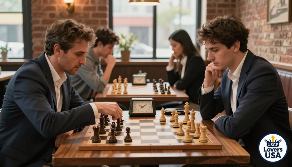 A dynamic chess scene illustrating various playing styles, featuring two players intensely focused on a chessboard. In the foreground, a middle-aged man in a tailored suit makes a strategic move, while a young woman in smart casual attire contemplates her response. The chessboard is intricately detailed, with elegant wooden pieces arranged in a tense position. In the middle ground, chess clocks reflect the pressure of time and strategy. The background shows a cozy chess café with brick walls and soft, warm lighting, creating an inviting atmosphere. Natural light filters in through large windows, casting gentle shadows. This image embodies the competitive yet thoughtful nature of chess, highlighting the impact of playing style on USCF ratings. Chess Lovers USA logo subtly placed in the corner.