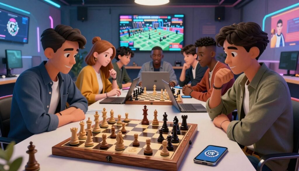 A dynamic chess scene set in a modern, tech-savvy environment, foreground showcasing a beautifully crafted wooden chessboard with intricately designed pieces, half a game in play. The middle ground features a diverse group of young adults, intently focused, dressed in smart casual attire, sitting around a sleek table with laptops and mobile devices, reflecting the digital involvement in chess. The background captures a vibrant room filled with screens displaying live chess tournaments and streaming platforms, ambient lighting creating a warm yet energetic atmosphere. The scene symbolizes the fusion of tradition and technology in American chess. Incorporate the logo for "Chess Lovers USA" subtly within the design, ensuring a seamless integration.