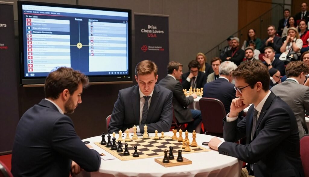 A dynamic chess tournament scene illustrating the Swiss system pairings, focusing on an engaging and organized atmosphere. In the foreground, a round table presents chess boards with pieces set up for play, surrounded by participants in professional business attire, deeply engaged in strategy. The middle ground showcases a large, digital display board showing match pairings and player names, illuminated with soft, focused lighting. In the background, rows of spectators with diverse expressions of anticipation and excitement fill the space, hinting at the competitive spirit. The ambiance should evoke seriousness and camaraderie, with warm lighting to create an inviting atmosphere. The branding "Chess Lovers USA" is subtly integrated into the environment, perhaps on banners or digital screens.