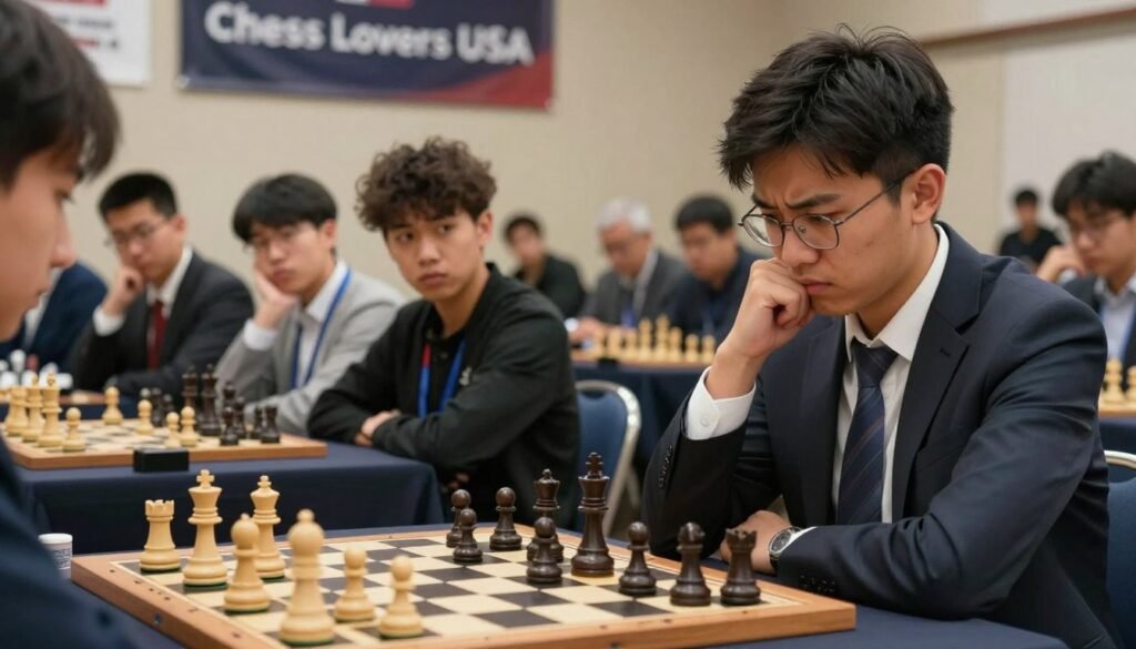 A dynamic chess tournament scene illustrating the impact of sandbagging on tournament integrity. In the foreground, a tense chessboard with strategically positioned pieces and a visibly frustrated player in professional business attire, contemplating their next move. In the middle ground, attentive spectators observing the game, featuring a mix of young and older players, each displaying expressions of intrigue and concern. The background showcases a well-lit tournament hall, with banners for "Chess Lovers USA" hanging prominently. Soft, focused lighting highlights the chessboard, while a slightly blurred depth of field draws attention to the emotional intensity of the situation. The overall mood conveys a sense of seriousness and tension, suggesting the ethical implications of deceptive play in a competitive environment.