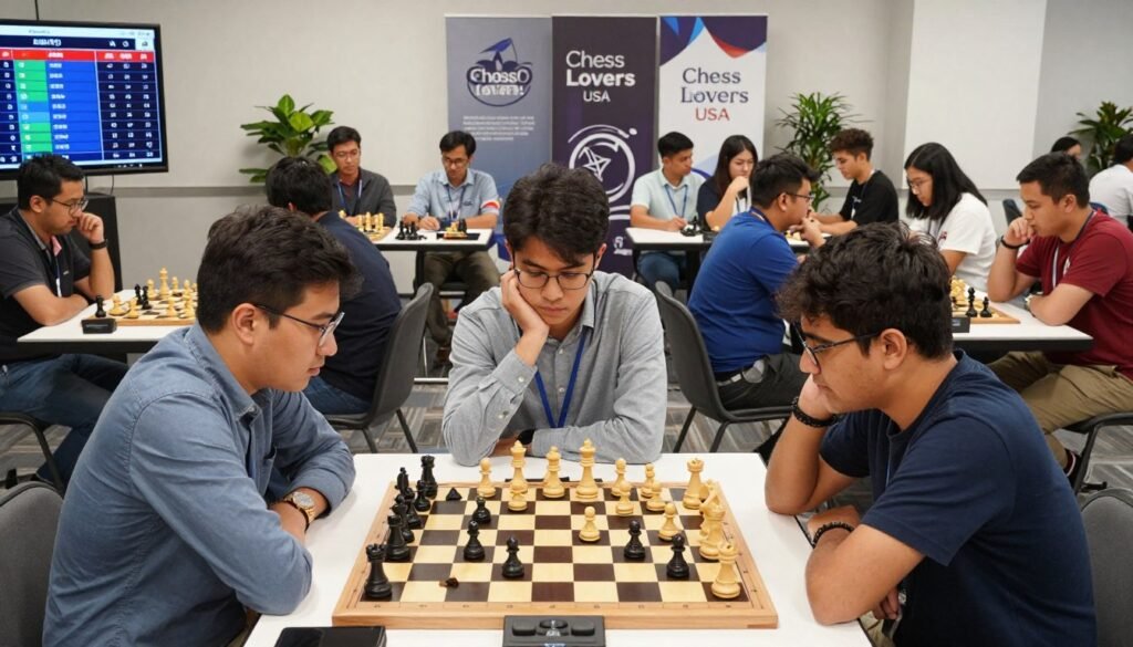 A dynamic chess tournament scene set in a well-lit, modern hall, depicting professional players engaged in intense matches. In the foreground, a diverse group of three players in smart casual attire are deeply focused on their chessboards, with expressions of concentration and strategy. To the side, a visible digital display board shows live ratings and player statistics, emphasizing the theme of detection in chess ratings. In the middle ground, observers analyze the games, taking notes on strategy, while behind them, the audience watches eagerly. Ambient lighting highlights the intense atmosphere, creating a sense of anticipation and professionalism. The backdrop features banners with the brand name "Chess Lovers USA", subtly integrated into the environment. The overall mood conveys an air of seriousness and integrity within the competition.