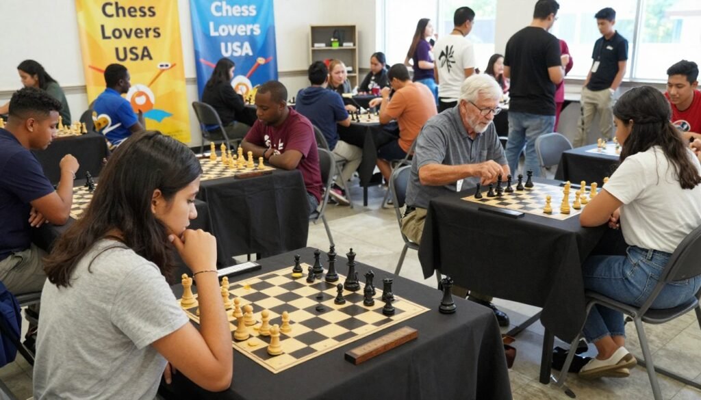 A dynamic chess tournament scene showcasing a diverse group of players and spectators in a vibrant community center. In the foreground, a young woman in modest casual clothing, intently studying a chessboard, surrounded by an array of chess pieces mid-game. In the middle ground, two players of different ages, one elderly gentleman and a teenage girl, are engaged in a rapid game, emphasizing the thrill of blitz chess. The background features colorful banners reading "Chess Lovers USA" and a bustling crowd enjoying the energetic atmosphere. Bright, natural lighting floods the space, creating an inviting ambiance, captured from an elevated angle to highlight the action. The mood is lively and competitive, reflecting the excitement of chess tournaments appealing to all skill levels.