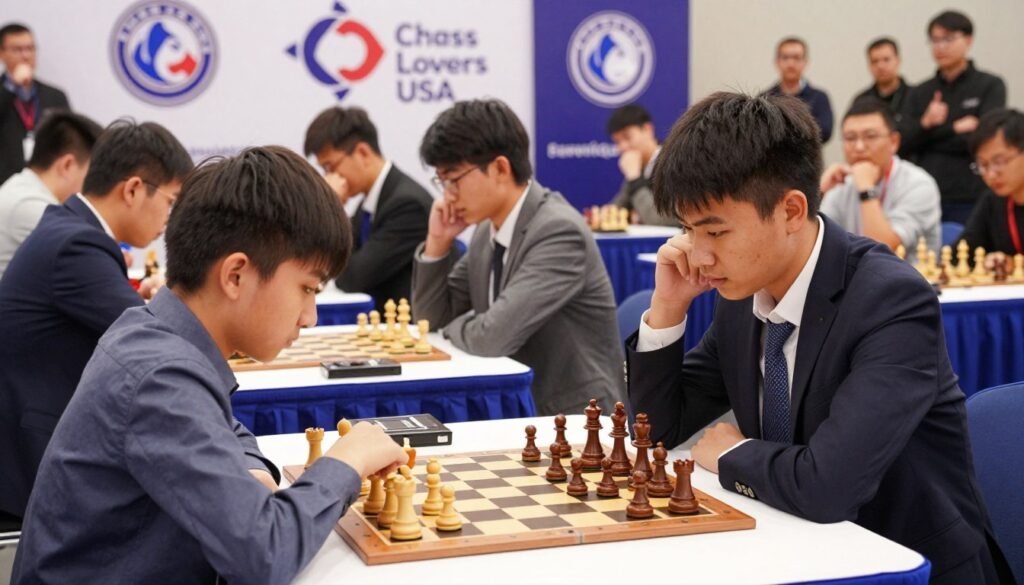 A dynamic chess tournament scene showcasing the thrill of early professional success. In the foreground, a young player with focused determination plays against an opponent, both dressed in professional business attire. The chessboard is intricately detailed with polished pieces, capturing the intensity of the match. In the middle ground, fellow competitors engage in tense concentration, while spectators exhibit excitement and encouragement. The background features banners with the logo "Chess Lovers USA", and an audience captivated by the unfolding drama. The lighting is bright and focused, highlighting the players with a soft blur effect on the surroundings. The atmosphere conveys passion, ambition, and the transformative power of chess, making it a vibrant and inspiring visual that epitomizes the early victories in the journey of competitive chess.