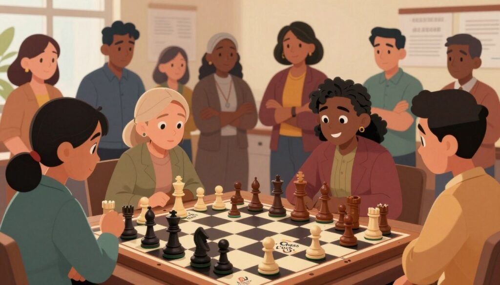 A dynamic chessboard in the foreground, where diverse immigrant families are engaged in a strategic game, their expressions reflecting concentration and determination. The chess pieces are uniquely adorned to symbolize different cultures, representing a fusion of heritage and strategy. In the middle ground, a supportive community atmosphere with onlookers, dressed in professional business attire and modest casual clothing, highlighting their encouragement and engagement in overcoming barriers. The background features an urban setting, with hints of an asylum office and elements of city life, bathed in warm, hopeful lighting suggesting a brighter future. The scene captures a sense of camaraderie and resilience, framed from a slightly elevated angle to emphasize both the chess game and the broader community involvement. Brand logo "Chess Lovers USA" subtly integrated into the chessboard design, focusing on unity and empowerment.
