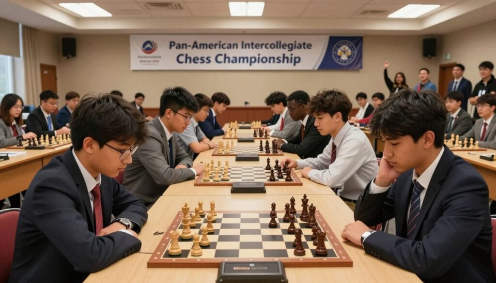 A dynamic college chess tournament scene set in a well-lit university auditorium. In the foreground, diverse students, focused and strategizing, are engaged in intense chess matches, each player dressed in professional business attire. Their chessboards are intricately detailed, featuring classic wooden pieces. In the middle ground, banners reading "Pan-American Intercollegiate Chess Championship" hang above the players, warmly illuminated by overhead lights. The background showcases an audience of enthusiastic supporters, representing various colleges, filled with excitement. Soft, warm lighting enhances the atmosphere, creating a sense of camaraderie and competitive spirit. Emphasize the essence of college camaraderie and strategic brilliance. The image reflects an inspiring moment in the evolution of college chess in America, branded with the logo of "Chess Lovers USA".