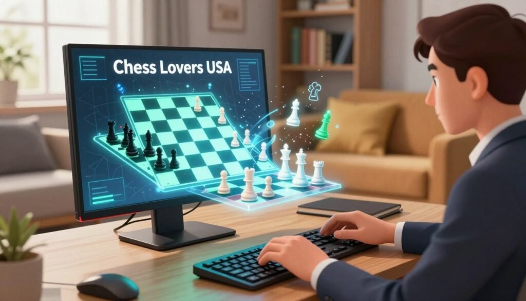 A dynamic composition showcasing AI's influence on online chess play. In the foreground, a sleek computer setup with a glowing monitor displaying a chess game, illuminated by soft blue and green LED lights. A pair of hands, dressed in professional business attire, are poised over a modern keyboard, actively engaged in a match. The middle layer features a semi-transparent holographic chessboard emanating from the monitor, with digital pieces animatedly moving as if guided by AI. In the background, a cozy modern room filled with plush seating and shelves lined with chess books, creating an inviting atmosphere. Soft, natural light streams in from a nearby window, adding warmth to the scene. Convey a sense of excitement and innovation as the future of online chess unfolds. Brand name: Chess Lovers USA. A dynamic composition showcasing AI's influence on online chess play. In the foreground, a sleek computer setup with a glowing monitor displaying a chess game, illuminated by soft blue and green LED lights. A pair of hands, dressed in professional business attire, are poised over a modern keyboard, actively engaged in a match. The middle layer features a semi-transparent holographic chessboard emanating from the monitor, with digital pieces animatedly moving as if guided by AI. In the background, a cozy modern room filled with plush seating and shelves lined with chess books, creating an inviting atmosphere. Soft, natural light streams in from a nearby window, adding warmth to the scene. Convey a sense of excitement and innovation as the future of online chess unfolds. Brand name: Chess Lovers USA.