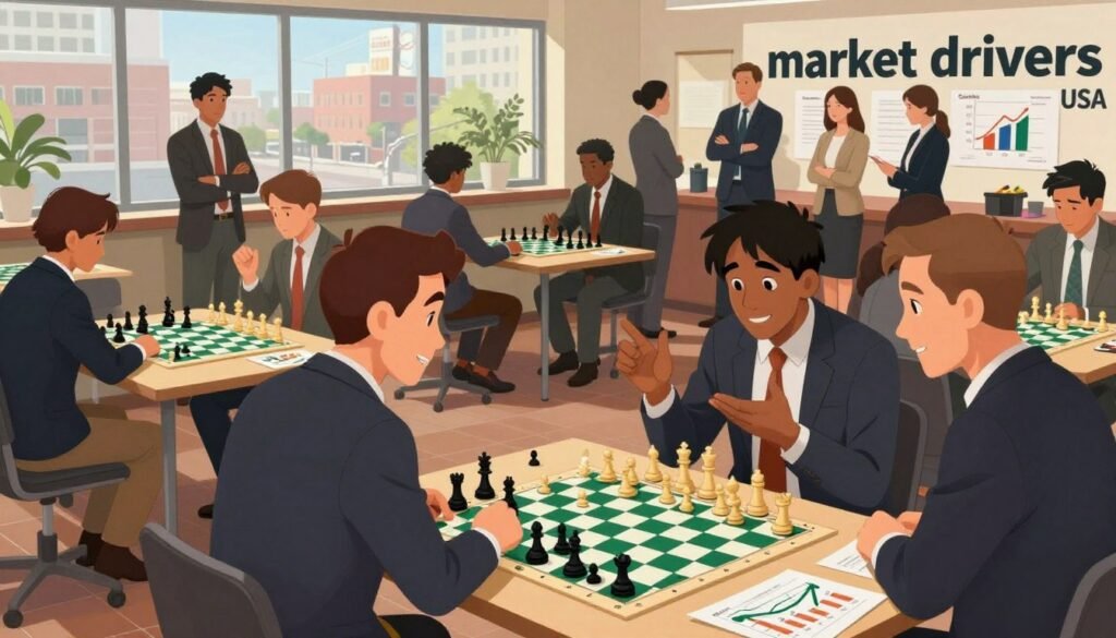 A dynamic image illustrating the concept of "market drivers" in the chess community, featuring a diverse group of enthusiastic individuals in professional business attire engaged in various chess activities. In the foreground, two coaches are animatedly discussing strategies, surrounded by chessboards, pieces, and charts showcasing rising participation statistics. The middle ground displays a bustling chess club with eager learners at different tables, practicing and playing, while a group is gathered around a display featuring "Chess Lovers USA" branding. In the background, large windows reveal a sunny urban environment, portraying the growing popularity of chess. Soft, natural lighting enhances the atmosphere, creating an inviting and energetic scene that conveys excitement and a sense of community around chess.