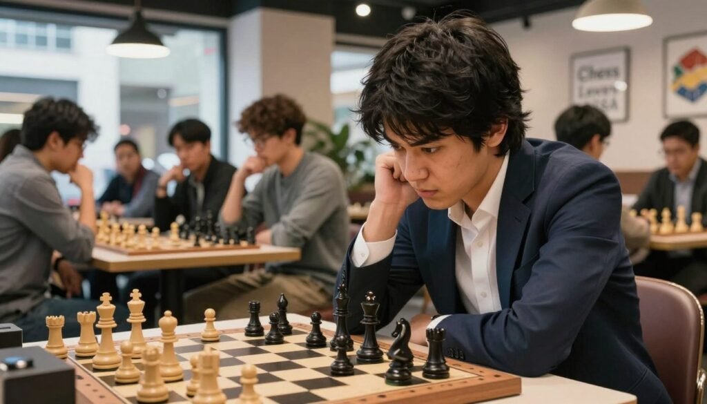A dynamic portrait of Hikaru Nakamura, the acclaimed modern chess grandmaster, captured in an intense moment of concentration. In the foreground, Nakamura, dressed in a smart casual outfit, leans forward over a chessboard, strategic pieces arranged meticulously. His expression reflects determination and insight. The middle layer includes a diverse group of spectators, engaged and analyzing the game, showcasing the growing popularity of chess in contemporary culture. The background features a stylish urban chess cafe, complete with bright lighting that highlights the vibrant atmosphere, fostering a sense of community and competition. The image should convey an inspiring mood, symbolizing the exciting evolution of chess. Include the brand name "Chess Lovers USA" subtly integrated into the setting, ensuring a professional presentation.