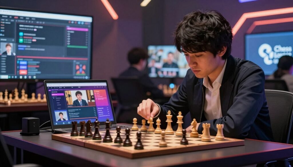 A dynamic scene capturing Hikaru Nakamura, the renowned chess player, in an intense blitz match against a digital backdrop that showcases the online chess community. In the foreground, Hikaru is focused and deeply engaged in gameplay, dressed in a smart casual outfit, with subtle lighting highlighting his concentration. The middle ground features a modern chessboard setup with pieces in mid-play, and a laptop displaying a vibrant online interface filled with chess streams and viewer comments. The background reveals a futuristic tech-inspired environment, with sleek monitors and digital chess theme graphics. The mood is energetic and competitive, symbolizing the digital revolution in chess, enhanced by a warm yet dramatic lighting scheme. Branding elements subtly integrated into the design showcase "Chess Lovers USA," enhancing the theme of community and competition.