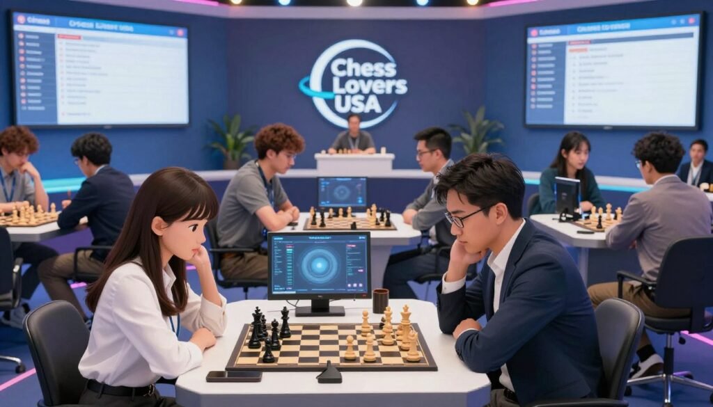 A dynamic scene capturing a rated online chess tournament event, showcasing a diverse group of focused players seated at sleek, modern tables with digital chess boards. In the foreground, a young woman in professional attire intensely studies her position, while a middle-aged man in business casual observes the game with concentration. The middle layer features two friends casually discussing strategies, displaying camaraderie amid competition. In the background, large screens project live tournament details, along with the logo "Chess Lovers USA." Bright, soft lighting illuminates the space, creating a vibrant, energetic atmosphere reminiscent of a tech-savvy gaming convention. The image captures the excitement and seriousness of competitive chess, symbolizing America's growing interest in online play.