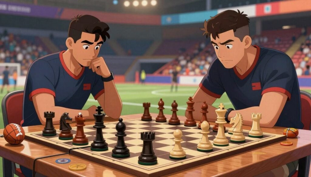 A dynamic scene capturing the intersection of chess and professional athletics. In the foreground, a chessboard designed with athletic motifs, featuring chess pieces shaped like various sports equipment—basketballs, footballs, gym weights—set against a polished wooden table. In the middle ground, two athletes, dressed in professional sporting attire, intensely focus on their game, exuding concentration and strategy; one displays a thoughtful pose, while the other leans forward eagerly. The background reveals a vibrant sports arena, with subtle lighting creating an energetic atmosphere. Use warm, inviting tones that convey excitement and camaraderie, enhancing the feel of a bustling event. The logo “Chess Lovers USA” is subtly integrated into the table design, blending harmoniously with the sports theme.