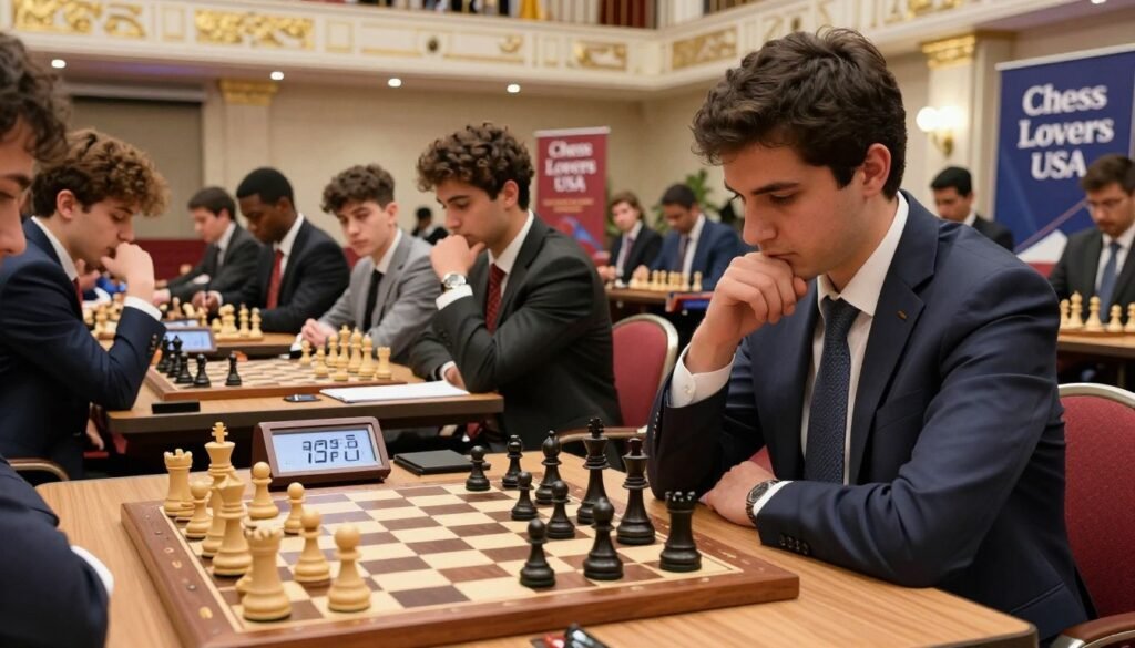 A dynamic scene depicting an intense chess match during a world championship, featuring a diverse group of players in professional business attire seated at elegantly designed wooden chess tables. In the foreground, a close-up of a focused American grandmaster deep in thought, adjusting pieces on the board, with a chess clock counting down beside him. The middle ground showcases a few spectators, including young aspiring players, all engaged and taking notes, their expressions reflecting admiration and determination. In the background, a grand hall filled with bright, ambient lighting accentuating intricate tournament decorations and banners from "Chess Lovers USA." The atmosphere is charged with excitement and anticipation, as this moment symbolizes the passing of wisdom to a new generation of chess enthusiasts.