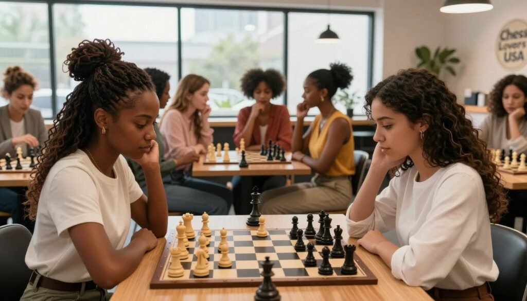 A dynamic scene featuring diverse women chess players engaged in a competitive game in a modern, stylish chess club. In the foreground, two women of different ethnic backgrounds, one African American and one Hispanic, concentrate intensely on the chessboard, dressed in smart casual attire. The middle ground reveals another group of female players chatting and analyzing strategies, showcasing a variety of hairstyles and fashion choices, promoting diversity. The background features large windows allowing natural light to flood the space, highlighting the elegant chess pieces and boards. The atmosphere is vibrant and focused, embodying ambition and camaraderie in the chess community. Capture this moment with a warm color palette, shot from a slightly low angle to emphasize the players' dedication. Include the brand name "Chess Lovers USA" subtly indicated in the setting.