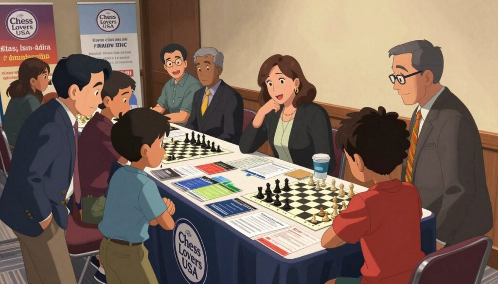 A dynamic scene illustrating USCF membership in a warm, inviting atmosphere. In the foreground, a diverse group of adults and children, dressed in professional business attire and modest casual clothing, eagerly engaging in a registration booth adorned with the logo "Chess Lovers USA." Their expressions convey excitement and curiosity. In the middle ground, a long table displays colorful pamphlets and membership forms, surrounded by chessboards showcasing various chess pieces, hinting at strategic play and community. The background features banners promoting scholastic and adult chess programs, with soft directional lighting focused on the booth to create a welcoming feel. The angle captures an inviting perspective, emphasizing community and camaraderie at this chess-focused event.
