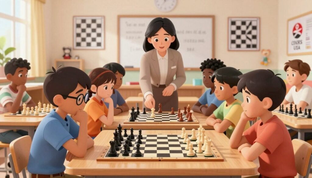 A dynamic scene illustrating developing critical thinking skills through chess, featuring a diverse group of children aged 8 to 12 engaged around a chess board in an interactive classroom setting. In the foreground, a boy with glasses and a girl with braided hair are deep in concentration, examining the chess pieces thoughtfully, while others look on eagerly. In the middle ground, a teacher in modest professional attire guides them, demonstrating a move. The background features a bright, well-lit classroom adorned with chess-themed decorations and motivational posters. Soft, natural lighting casts a warm atmosphere, enhancing the sense of focus and engagement. Ensure the Chess Lovers USA logo is subtly integrated into the classroom design, enriching the educational context without distraction.