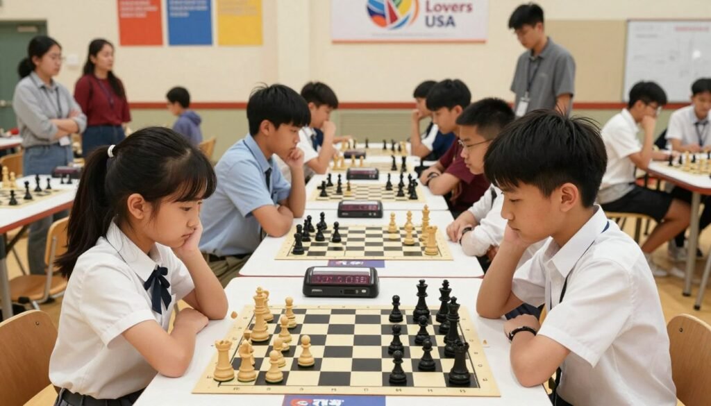 A dynamic scene of a competitive scholastic chess tournament, featuring a diverse group of focused students aged 10-16 engaged in intense matches at a large table. In the foreground, a young girl in a smart, modest outfit is contemplating her next move, while a boy in a crisp button-up shirt studies the board. The middle ground showcases several other players deep in concentration, surrounded by chess pieces and timers, with parents observing proudly in the background. Soft, warm lighting creates a welcoming atmosphere, while the excitement of competition is palpable. The setting is a bright school gymnasium, with colorful banners hung above, including one displaying "Chess Lovers USA." The angle is slightly elevated, capturing the energy of the tournament.