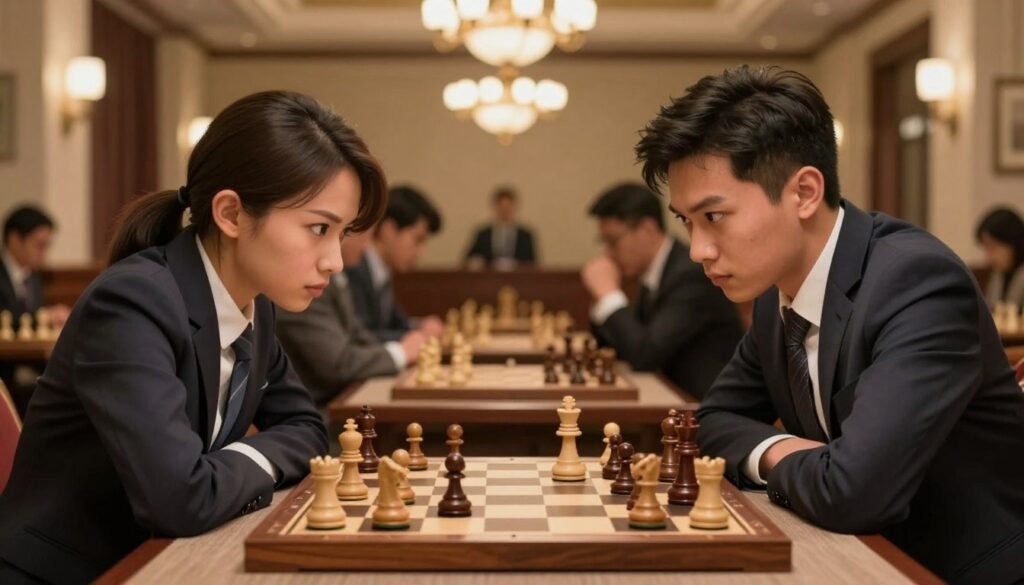 A dynamic scene of competitive chess, featuring two intense players deeply focused on their next moves. In the foreground, a wooden chessboard filled with intricately designed pieces, highlighting a tense moment in the game. The middle ground showcases the players, one male and one female, both dressed in professional business attire, their expressions reflecting concentration and strategy. Capture them in a slight lean, emphasizing a competitive spirit. The background shows an elegant, softly lit chess hall with blurred spectators observing the match, adding depth and context. Use warm, ambient lighting to create a serious yet passionate atmosphere. The logo "Chess Lovers USA" is subtly integrated into the scene, enhancing the visual narrative without overpowering the chess competition theme.