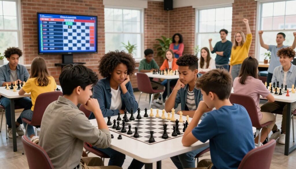 A dynamic scene of diverse young chess players intensely engaged in a friendly tournament, showcasing their focus and ambition. The foreground features four players—two Asian, one Black, and one Hispanic—dressed in smart casual attire, deeply contemplating their next moves at a stylish, modern chess table. In the middle ground, a large digital scoreboard displays the game results, while additional spectators, a mix of adults and tweens, cheer them on in vibrant colors, creating a lively atmosphere. The background shows a well-lit brick-walled room adorned with large windows allowing natural light to flood in, highlighting the concentrated expressions on the players' faces. The mood is energetic and hopeful, representing the next generation of chess talent. Photography style is a wide-angle shot to capture the entire scene, branded with "Chess Lovers USA" subtly integrated into the game's digital display.