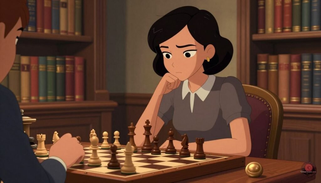 A female chess prodigy, inspired by the iconic "Queen's Gambit," sits at a vintage wooden chessboard in a dimly lit, stylish room. She has a thoughtful expression as she studies her pieces, embodying determination and intellect. The foreground captures the intricate details of the chess pieces and the player's elegant hands, wearing a tailored blouse that reflects a modern yet professional aesthetic. In the middle ground, a warm golden light illuminates her face, while bookshelves filled with classic chess literature frame her on either side, hinting at her deep knowledge of the game. The background subtly showcases a stylish decor, enhancing the atmosphere of sophistication and cultural influence. Overall, the scene conveys a mood of focus and inspiration, celebrating the impact of chess in contemporary culture, while a small logo "Chess Lovers USA" is subtly visible in the corner.