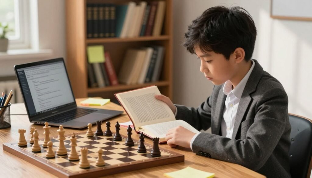 A focused adult beginner chess player, dressed in smart casual attire, sits at a wooden table surrounded by chess pieces, deeply engaged in studying an open chess book filled with various opening strategies. In the foreground, a well-worn chessboard displays an active game with pieces arranged in the early stages of a match. The middle ground includes sticky notes and a laptop open with a chess program running. The background features a soft-focus bookshelf filled with chess literature, creating an atmosphere of scholarly pursuit and mindfulness. Warm, natural lighting streams in from a nearby window, casting gentle shadows and enhancing the tranquil yet studious mood. Include the brand name "Chess Lovers USA" subtly integrated into the scene, without being intrusive.