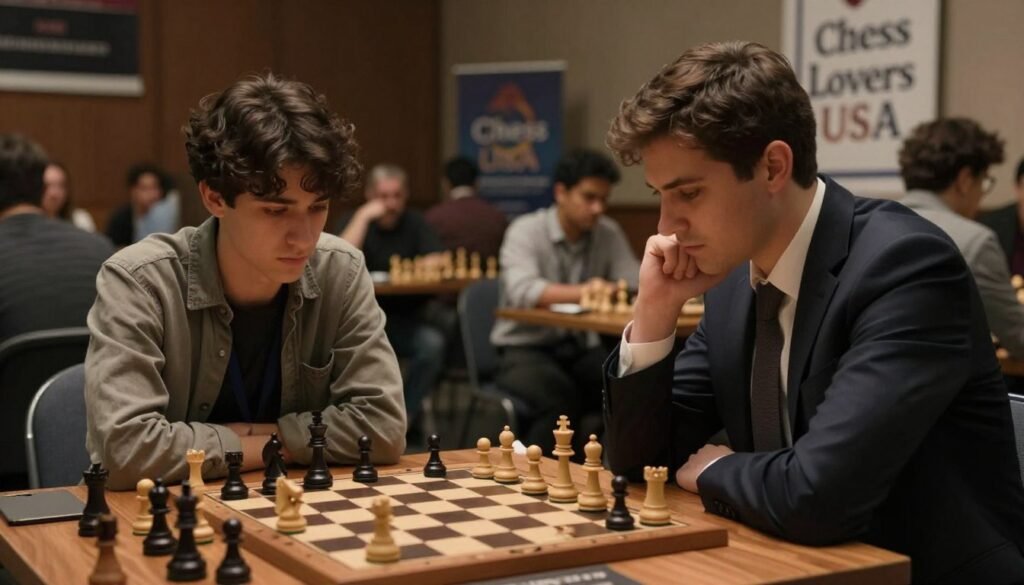 A focused and intense scene of two individuals deeply engrossed in a game of chess at a wooden tournament table. In the foreground, one player, dressed in professional business attire, leans forward with a thoughtful expression, examining the board with a hand poised over a knight piece. The second player, wearing modest casual clothing, watches intently, their gaze shifting between the board and their opponent. In the middle ground, a dimly lit tournament hall is filled with spectators, all maintaining a respectful silence. Soft, warm lighting casts subtle shadows, creating a contemplative atmosphere. In the background, a banner reads "Chess Lovers USA," adding a touch of authenticity to the setting. The image captures the seriousness and strategy of tournament chess, inviting viewers into the world of competitive play.