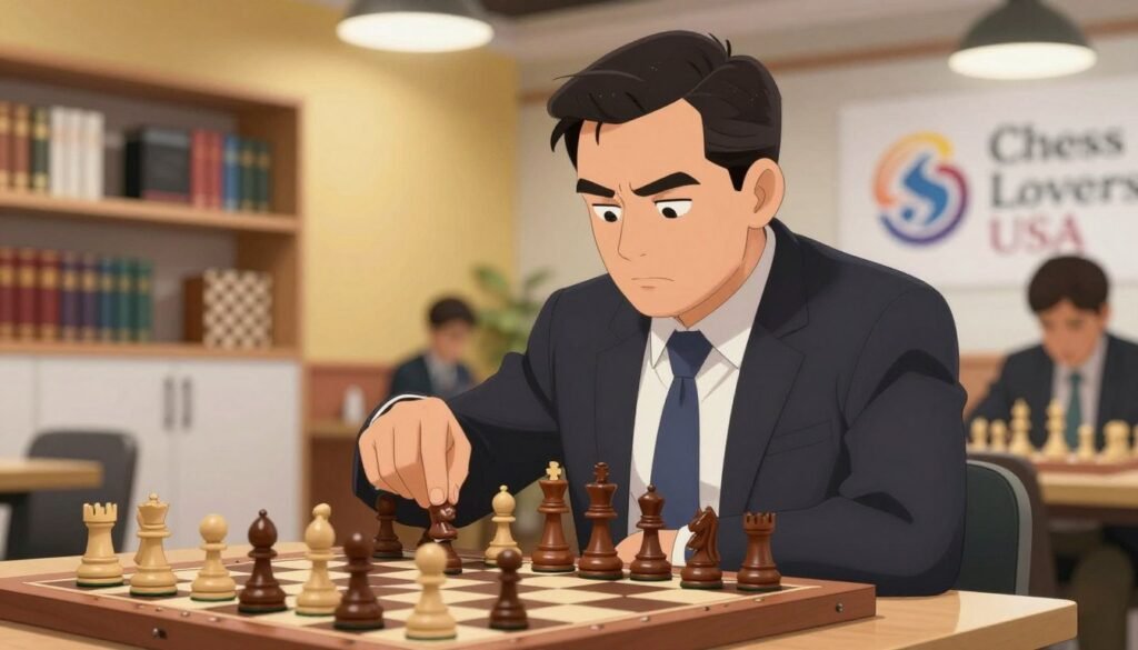 A focused chess grandmaster, middle-aged, male, dressed in a tailored suit, intensely studying a chessboard in a brightly lit contemporary chess club. In the foreground, the chess pieces are delicately arranged in the midst of a heated game, with the grandmaster’s hand poised over a strategic move. The background features a stylish, modern design with soft colors and shelves filled with chess books, creating an inviting atmosphere. The lighting is warm and focused, highlighting the determination on the grandmaster’s face. A subtle logo for "Chess Lovers USA" is visible on a banner in the background, reinforcing the significance of the setting. The mood conveys a blend of concentration and passion, encapsulating the essence of American chess greatness and its influence on aspiring players.