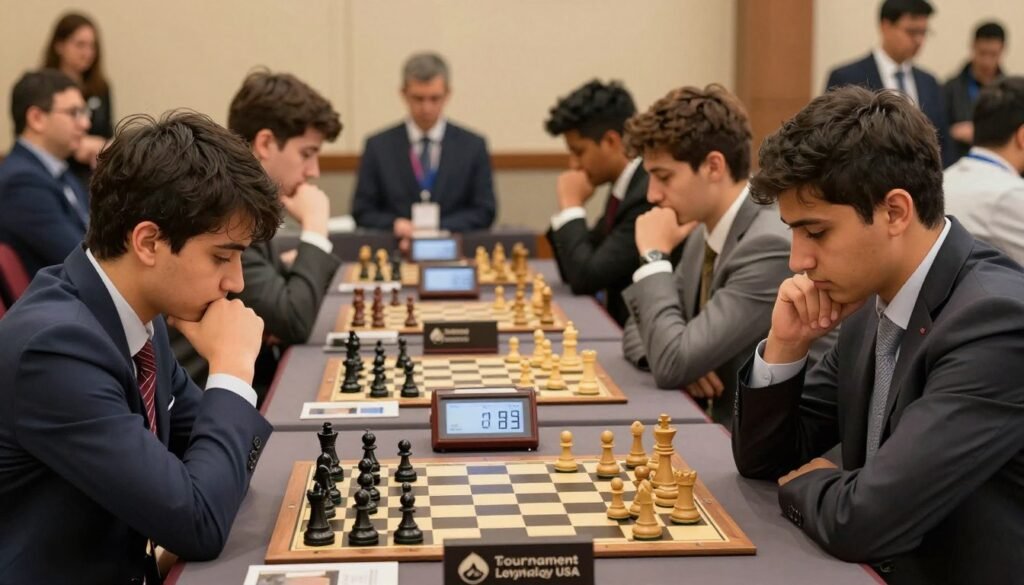 A focused chess tournament scene depicting players immersed in thoughtful contemplation, illustrating the theme of "tournament psychology." In the foreground, a diverse group of chess players, dressed in professional business attire, intently analyzing their boards with expressions of concentration and determination. The middle ground features a chess clock and various tournament paraphernalia, symbolizing the competitive atmosphere. In the background, softly blurred spectators, including coaches and supporters, observe the matches, adding depth to the environment. Warm, diffused lighting creates an inviting yet tense mood that emphasizes the mental challenge of chess. Capture the essence of strategic thinking and emotional management, ensuring the setting reflects a prestigious tournament organized by "Chess Lovers USA."