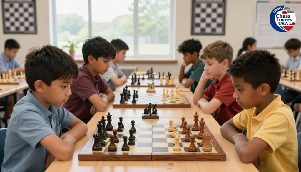 A focused chess tournament scene that captures the essence of sportsmanship and perseverance. In the foreground, a diverse group of children, ages 8-12, dressed in smart casual attire, are intently engaged in a chess match, displaying expressions of concentration and determination. The chess pieces are beautifully detailed, showcasing the classic design with a polished wooden board. In the middle ground, a well-lit room with soft, natural light streaming through large windows enhances the atmosphere of friendly competition. The background features motivational chess posters and a sense of camaraderie among spectators, emphasizing community spirit. The overall mood is inspiring and encouraging, symbolizing the journey of learning and growth in chess, with the subtle branding of "Chess Lovers USA" in the corner, reflecting the enriching experience of chess clubs across America. A focused chess tournament scene that captures the essence of sportsmanship and perseverance. In the foreground, a diverse group of children, ages 8-12, dressed in smart casual attire, are intently engaged in a chess match, displaying expressions of concentration and determination. The chess pieces are beautifully detailed, showcasing the classic design with a polished wooden board. In the middle ground, a well-lit room with soft, natural light streaming through large windows enhances the atmosphere of friendly competition. The background features motivational chess posters and a sense of camaraderie among spectators, emphasizing community spirit. The overall mood is inspiring and encouraging, symbolizing the journey of learning and growth in chess, with the subtle branding of "Chess Lovers USA" in the corner, reflecting the enriching experience of chess clubs across America.