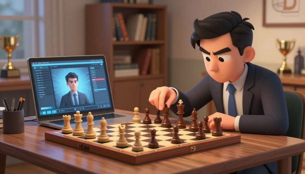 A focused, modern workspace centered around a chess board with an intense game in progress against a digital AI opponent displayed on a sleek laptop screen. In the foreground, a person in professional business attire leans forward in concentration, their hand poised over a chess piece, with a look of determination on their face. In the middle ground, the chess pieces are intricately designed, showcasing both classic and contemporary styles, contrasting the high-tech laptop. The background features a cozy study filled with books and chess trophies, softly illuminated by warm, ambient lighting, suggesting a dedicated environment for improvement and strategy. The atmosphere is inspiring and serious, reinforcing the commitment to mastering chess skills. Include the logo of "Chess Lovers USA" subtly in the corner.