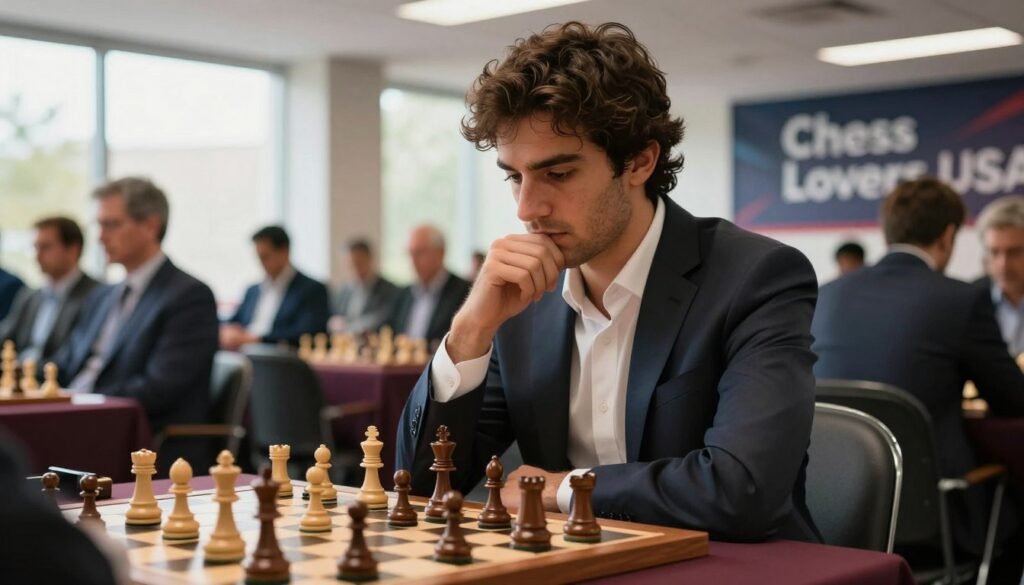 A focused portrait of Fabiano Caruana, the American chess prodigy, sitting thoughtfully at a chessboard, deep in concentration. He is wearing a sharp, tailored suit, suitable for a professional chess tournament. The foreground showcases an elegant chess set, with pieces mid-game, reflecting his strategic mind. In the middle ground, a soft-focus audience in a modern chess venue can be observed, emphasizing the growing popularity of chess. The background features banners saying "Chess Lovers USA," showcasing support for the chess community. Natural light streams through large windows, casting a warm glow over the scene, creating an inspiring atmosphere. Capture this moment from a slightly low angle to emphasize his determination and ambition as he pursues the World Crown in chess.