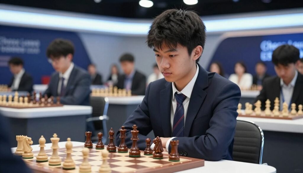 A focused portrait of Wesley So, a young Asian American chess player, in a modern chess setting. He wears a smart, professional business suit, exuding confidence and ambition. His intense gaze is directed towards a chessboard, displaying a strategic mindset. In the foreground, the chessboard features intricately designed pieces, set up for a pivotal match. The middle ground shows a sleek, contemporary chess tournament environment, with bright lighting that highlights the players' concentration. In the background, impressions of a diverse audience can be seen, suggesting a global influence on chess culture. The atmosphere is charged with anticipation and intellectual challenge. The image is branded with "Chess Lovers USA" subtly, without distracting from the main subject.