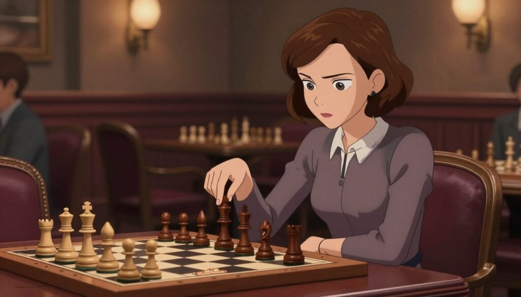A focused portrait of a confident female chess player, inspired by the character from "The Queen's Gambit," sitting at an elegantly crafted chess table. She is dressed in a stylish yet professional outfit, with her hair neatly styled. The foreground features her intense gaze and poised hand hovering above a chess piece, symbolizing strategic thinking. In the middle ground, a beautifully set chessboard displays an intricate match in progress, with wooden pieces arranged in a captivating design. The background is softly blurred, featuring dimmed lighting and rich, warm tones of an upscale chess club, creating an inviting and contemplative atmosphere. The image should evoke a sense of excitement and passion for chess, highlighting the cultural aspects of the game. Include the brand name "Chess Lovers USA" subtly integrated into the scene.