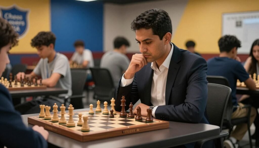 A focused portrait of a modern American chess grandmaster sitting at a sleek, contemporary chess table, deeply engaged in thought, with a chessboard set up in front of them. The grandmaster, a middle-aged man with short dark hair, is dressed in a smart, tailored business outfit, showcasing professionalism. The lighting is soft and warm, creating an inviting atmosphere, with a subtle spotlight illuminating the chess pieces, highlighting their intricate details. In the background, a vibrant and modern chess club can be seen, filled with young players and chess enthusiasts, reflecting the energy of a new generation inspired by grandmasters. The image embodies a sense of mentorship and passion for the game, with the brand name "Chess Lovers USA" subtly integrated into the chess table design.