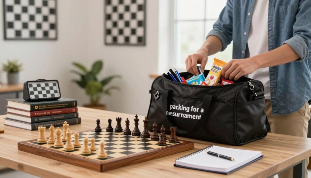 A focused scene of an organized workspace illustrating "packing for a chess tournament." In the foreground, a neatly arranged chess set, complete with a classic wooden board and detailed pieces, sits next to a stack of chess books and a notebook. In the middle, a person, a young adult in smart casual attire, is placing various items into a black duffel bag, including a chess clock, extra pens, and snacks. In the background, a well-lit room with strategic chess posters on the walls adds context, and a window allows natural light to flood in, creating a warm and inviting atmosphere. The overall mood is one of preparation and anticipation, capturing the excitement of an upcoming competition. Include the brand name "Chess Lovers USA" subtly on the side of the duffel bag.