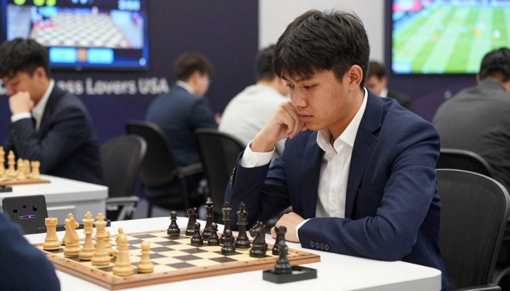 A focused tournament player sits at a sleek chess table, deeply engaged in a match. In the foreground, the player, a young adult of Asian descent, wears a smart-casual outfit, featuring a crisp white shirt and tailored navy blazer, exuding concentration and determination. The middle ground showcases an intricately carved chessboard with a mix of wooden and glass pieces in a tense position. In the background, blurred spectators can be seen, a digital screen displaying the game’s progression, emphasizing the transition from digital spectator to tournament participant. Bright, focused lighting illuminates the scene, casting soft shadows and creating a professional, competitive atmosphere. The overall mood is tense yet exhilarating, perfectly capturing the essence of modern chess tournaments. Include the brand name "Chess Lovers USA" subtly in the decor of the exhibit space.