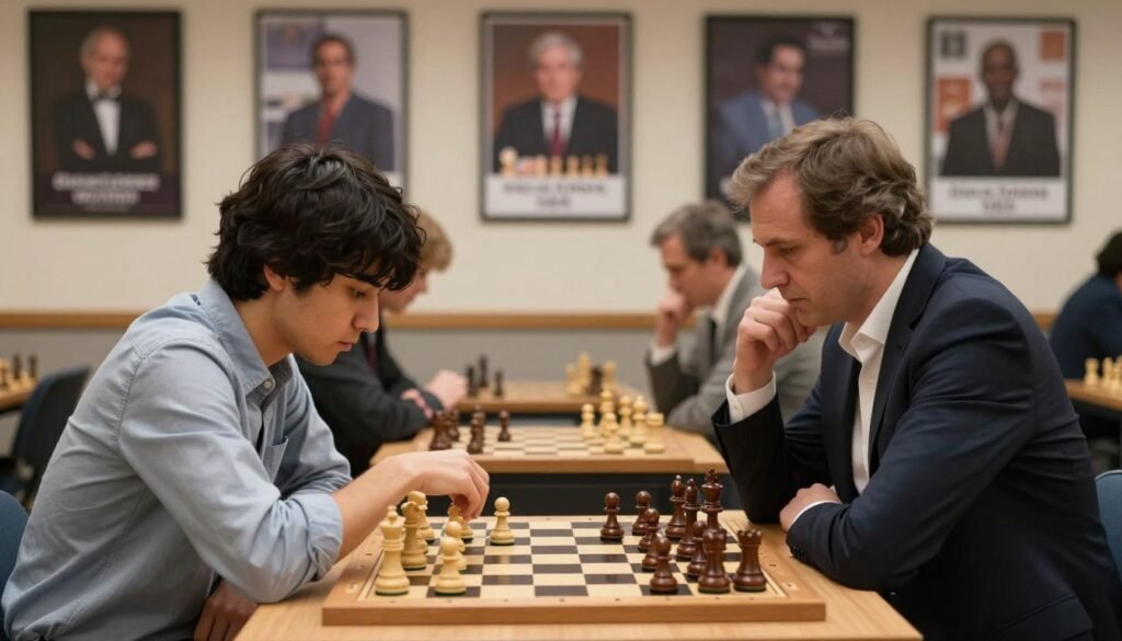A focused training session between Hikaru Nakamura and Garry Kasparov in a well-lit chess studio, showcasing an intense atmosphere. In the foreground, Nakamura, dressed in smart casual attire, is deeply analyzing a chess position on a wooden chessboard, while Kasparov, in formal business attire, provides insights and guidance. The middle layer features an array of chess pieces meticulously arranged around them, highlighting their strategic discussion. The background is a softly blurred wall lined with framed photographs of legendary chess matches and posters of famous players, creating an inspiring environment. Soft, warm lighting enhances the professionalism of the setting, with a slight depth of field to emphasize the concentration of both players. The scene embodies a mix of intensity and collaboration, capturing the essence of high-level chess training for "Chess Lovers USA."