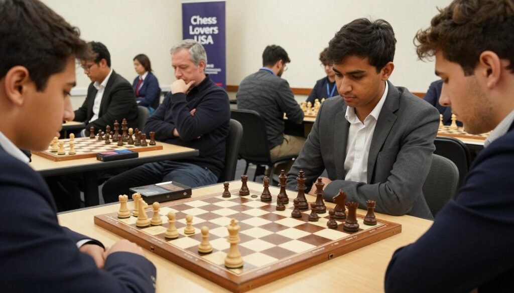 A focused view of a tournament chess pairing board, set in a brightly-lit, professional chess tournament environment. In the foreground, a sleek, wooden pairing board displays names and matchups printed clearly, surrounded by chess pieces on tables nearby. In the middle ground, a diverse group of players, dressed in smart casual clothing, are engaged in discussions, studying the pairings with expressions of determination and concentration. In the background, banners reading “Chess Lovers USA” hang on the walls, adding to the competitive atmosphere. Soft, diffused lighting casts a warm glow over the scene, creating an inviting yet serious mood, emphasizing the importance of tournament preparation and rules. The camera angle is slightly elevated, providing a comprehensive view of the board and players.