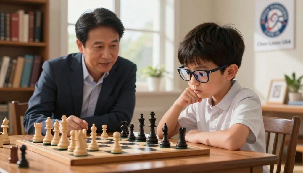 A focused young chess player, around 10 years old, sits at a wooden chess table in a sunlit room, deeply concentrated on the game. In the foreground, detail the boy's serious expression as he contemplates his next move. He wears a smart casual shirt and glasses, reflecting his dedication to learning. In the middle ground, an adult mentor watches, offering guidance; he is dressed in professional attire, showing support for the child’s development. The background features a cozy library filled with books about chess strategy, emphasizing the educational aspect of the game. Soft, natural lighting streams through a window, creating an inviting and warm atmosphere that highlights the joy of chess learning. The image subtly includes a logo for "Chess Lovers USA" on a wall poster, reinforcing the community aspect of chess.