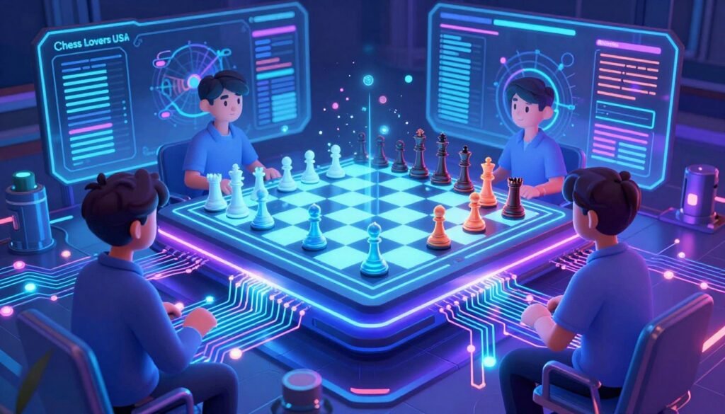 A futuristic and vibrant depiction of neural network engines at work, with complex algorithms represented in bright neon colors. In the foreground, an intricate array of interconnected circuits and glowing nodes symbolizes the processing power of AI. The middle layer features a holographic chessboard with animated chess pieces moving autonomously, showcasing advanced gameplay strategies. In the background, a sleek digital interface with data streams and analytics panels highlights the role of technology in modern chess. The scene is illuminated with a soft blue and purple lighting, creating a high-tech atmosphere, while the lens captures this in a slight angle to enhance depth. The branding "Chess Lovers USA" subtly integrated within the digital interface adds a touch of professionalism.