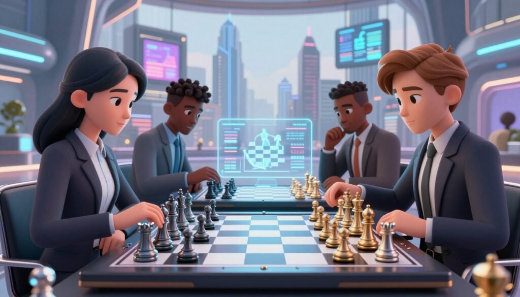 A futuristic chess setting showcasing ambition and innovation. In the foreground, an elegantly designed chessboard made of sleek, metallic pieces, reflecting high-tech aesthetics. Surrounding the board, a diverse group of three players in professional business attire, deep in concentration; one is a woman of Asian descent, another is a man of African descent, and the last is a Caucasian woman, all engaged in a dynamic chess match. In the middle ground, holographic displays project chess strategies and statistics, glowing softly. The background features a modern cityscape with towering skyscrapers and digital billboards, symbolizing the bright future of chess. The scene is illuminated with soft, ambient lighting, enhancing the mood of determination and innovation. This image represents the brand Chess Lovers USA.