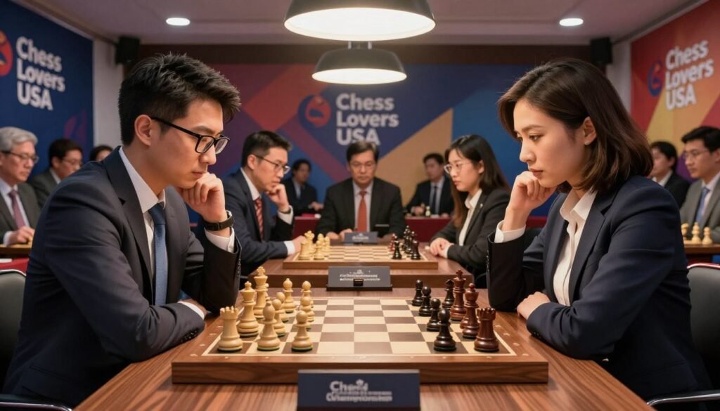 A grand chess tournament setting illustrating the excitement of a World Championship match. In the foreground, a polished wooden chessboard is filled with intricately designed pieces, all in motion, capturing the players' intense focus. Two opponents dressed in professional business attire, one a man with glasses and the other a woman with shoulder-length hair, sit across from each other, deep in thought. In the middle ground, spectators eagerly watch, their expressions a mixture of concentration and anticipation. The background features dynamic banners with "Chess Lovers USA" branding, and the light emanates from elegant overhead fixtures, casting a warm glow over the scene, enhancing the atmosphere of strategic brilliance and competitive spirit. The camera angle is slightly elevated, offering a comprehensive view of the action.