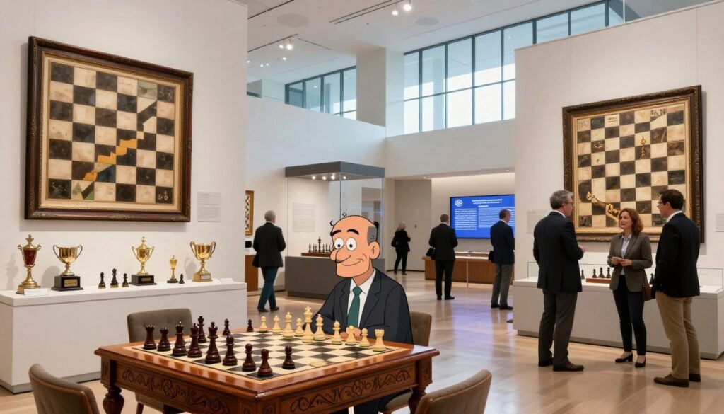 A grand interior view of the World Chess Hall of Fame in St. Louis, showcasing large, elegantly framed chess-themed artworks and memorabilia lining the white walls. In the foreground, a beautifully crafted wooden chess table with an intricate design and pieces set up for a game. Museum-goers, dressed in professional business attire, admiring the exhibits, and deep in conversation about chess. In the middle ground, a sleek display case showcasing historic chess trophies with spotlights illuminating them, and a digital screen presenting information on chess history. The background features a striking modern architecture with high ceilings and large windows allowing soft, natural light to fill the space, creating an inviting and inspiring atmosphere. The ambiance evokes a sense of reverence for chess culture. Logo of “Chess Lovers USA” subtly integrated into the design elements.