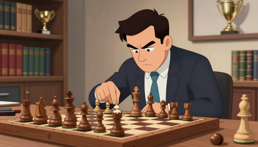 A grandmaster chess player, dressed in professional business attire, intensely analyzing a tactical position on a chessboard located in a modern, well-lit study. In the foreground, focus on the intricately detailed wooden chess pieces, with a few elegantly arranged strategic moves highlighted. In the middle, the grandmaster leans forward, displaying deep concentration, his brow furrowed as he calculates his next move. The background features shelves lined with chess books and trophies, hinting at a legacy of excellence. Soft, warm lighting casts gentle shadows, creating an atmosphere of scholarly pursuit and tactical precision. Overall, the scene captures the essence of mastering tactical calculation in chess, emphasizing strategy and dedication. The logo "Chess Lovers USA" subtly integrated into the decor suggests a connection to the chess community.