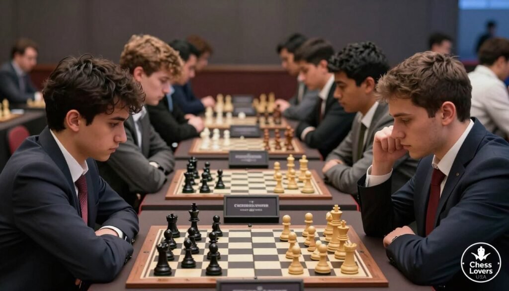 A group of focused chess players, captured in a high-stakes tournament atmosphere, embodies the psychology of elite players. In the foreground, a diverse mix of male and female competitors, dressed in professional business attire, exhibit intense concentration as they study their chessboards. The middle ground features an array of chess pieces in various states of play, symbolizing strategic maneuvering and mental pressure. The background showcases a dimly lit tournament hall, with subtle spotlighting highlighting the players and adding a dramatic ambiance. The overall mood is tense yet disciplined, reflecting the mental fortitude required in chess. The image is framed with a shallow depth of field, creating a cinematic feel, perfectly illustrating the theme of managing pressure in chess. Include a subtle logo for "Chess Lovers USA" in the corner of the image.