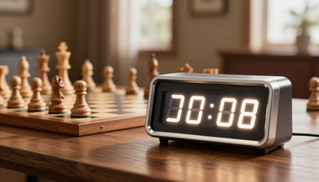 A high-quality chess clock prominently displayed in the foreground, featuring a metallic finish with two digital timers, each showing different countdowns. The clock is sleek and modern, with bright LED digits glowing in warm white light. In the middle ground, a wooden chessboard is set up with intricately carved wooden pieces, some in mid-game positions, reflecting a serious match atmosphere. The background is softly blurred, showing a cozy room with warm brown tones and a subtle chess-themed décor. Soft, natural light filters through a nearby window, casting gentle shadows and creating an inviting ambiance. The chess clock prominently features the brand name "Chess Lovers USA," enhancing its professional appearance. The overall mood conveys focus and readiness, ideal for a first-rated game environment.
