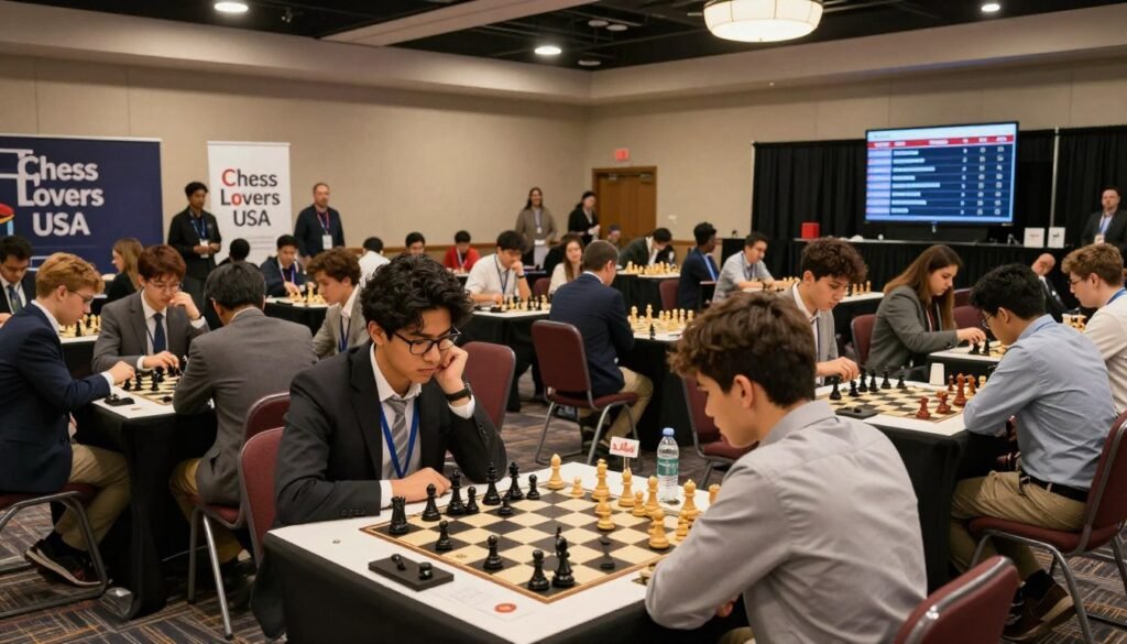 A lively national chess championship tournament scene, showcasing a spacious, well-lit convention hall filled with chess tables. In the foreground, focused players of diverse backgrounds, dressed in professional business attire, are deeply engaged in intense matches, examining their pieces with concentration. The middle ground features enthusiastic spectators, both young and old, watching intently, with expressions of anticipation and excitement. In the background, banners displaying "Chess Lovers USA" hang prominently, while a large scoreboard updates the tournament standings. Soft, warm lighting creates an inviting atmosphere, with overhead lights illuminating the chess tables dramatically. The angle captures the energy of the event, emphasizing both the strategic gameplay and the vibrant community surrounding local chess clubs.