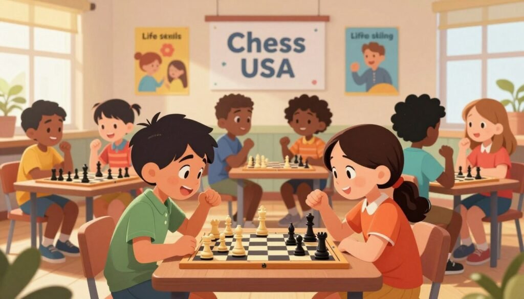 A lively scene depicting a diverse group of children engaged in a chess activity indoors. In the foreground, two enthusiastic kids, a boy and a girl, are deeply focused on a chessboard filled with pieces, showcasing an intense match. Surrounding them are additional children of various ethnicities, discussing strategies and exchanging ideas, highlighting collaboration and teamwork. The middle of the room features colorful posters promoting life skills, such as patience and critical thinking, enhancing the learning atmosphere. Soft, natural light filters through large windows, casting gentle shadows, while a warm, inviting color palette fosters a sense of community. In the background, a banner reading "Chess Lovers USA" creates a focal point, emphasizing the theme of building life skills beyond the chessboard. The overall mood is energetic and uplifting, reflecting the joy of learning through chess. A lively scene depicting a diverse group of children engaged in a chess activity indoors. In the foreground, two enthusiastic kids, a boy and a girl, are deeply focused on a chessboard filled with pieces, showcasing an intense match. Surrounding them are additional children of various ethnicities, discussing strategies and exchanging ideas, highlighting collaboration and teamwork. The middle of the room features colorful posters promoting life skills, such as patience and critical thinking, enhancing the learning atmosphere. Soft, natural light filters through large windows, casting gentle shadows, while a warm, inviting color palette fosters a sense of community. In the background, a banner reading "Chess Lovers USA" creates a focal point, emphasizing the theme of building life skills beyond the chessboard. The overall mood is energetic and uplifting, reflecting the joy of learning through chess.
